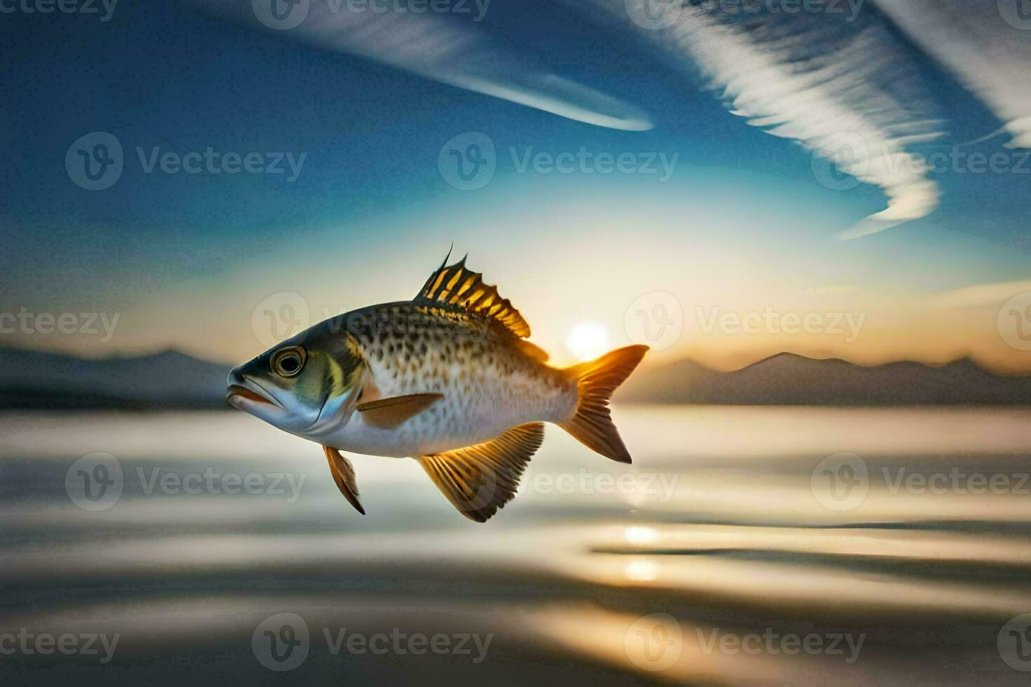a fish is flying over the water at sunset. AI-Generated photo