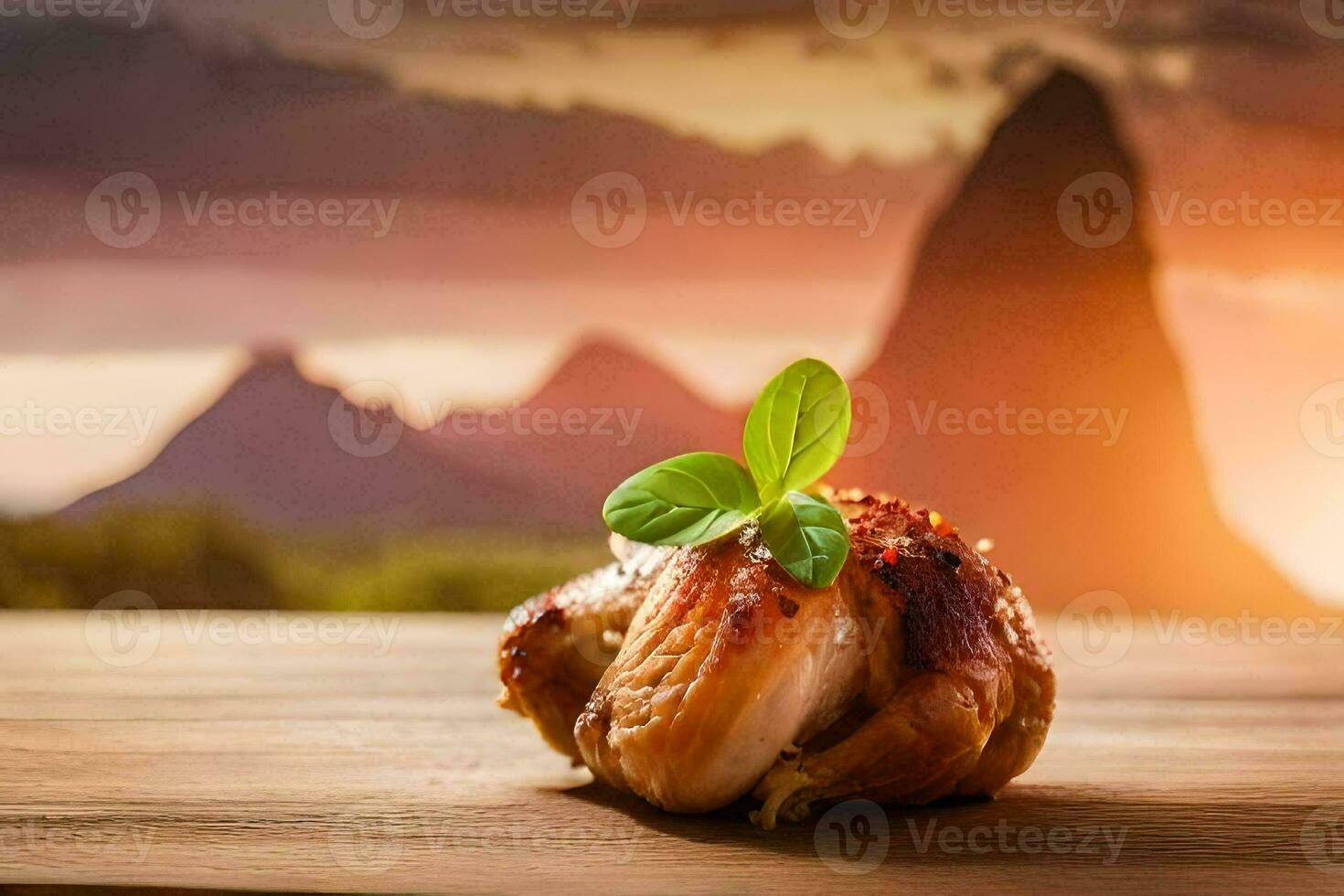 a chicken on a wooden table with mountains in the background. AI-Generated photo