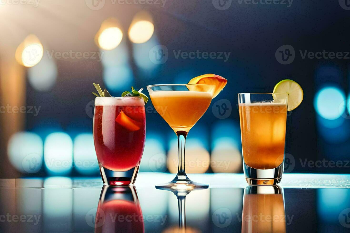 three different cocktails on a bar counter. AI-Generated photo