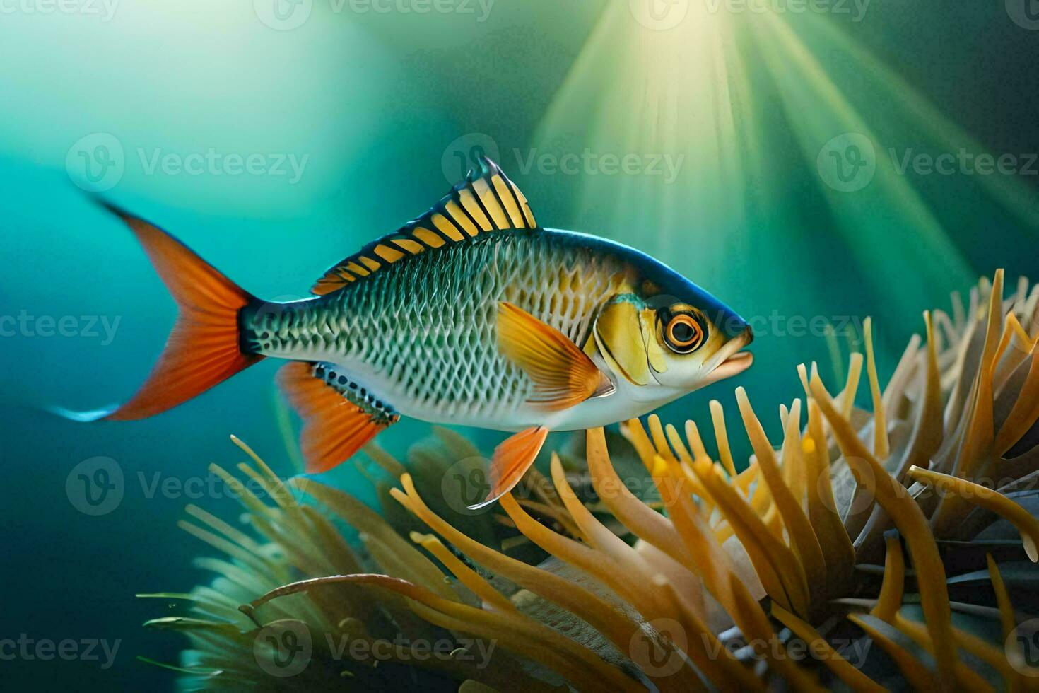 a fish swimming in the ocean with an anemon. AI-Generated photo