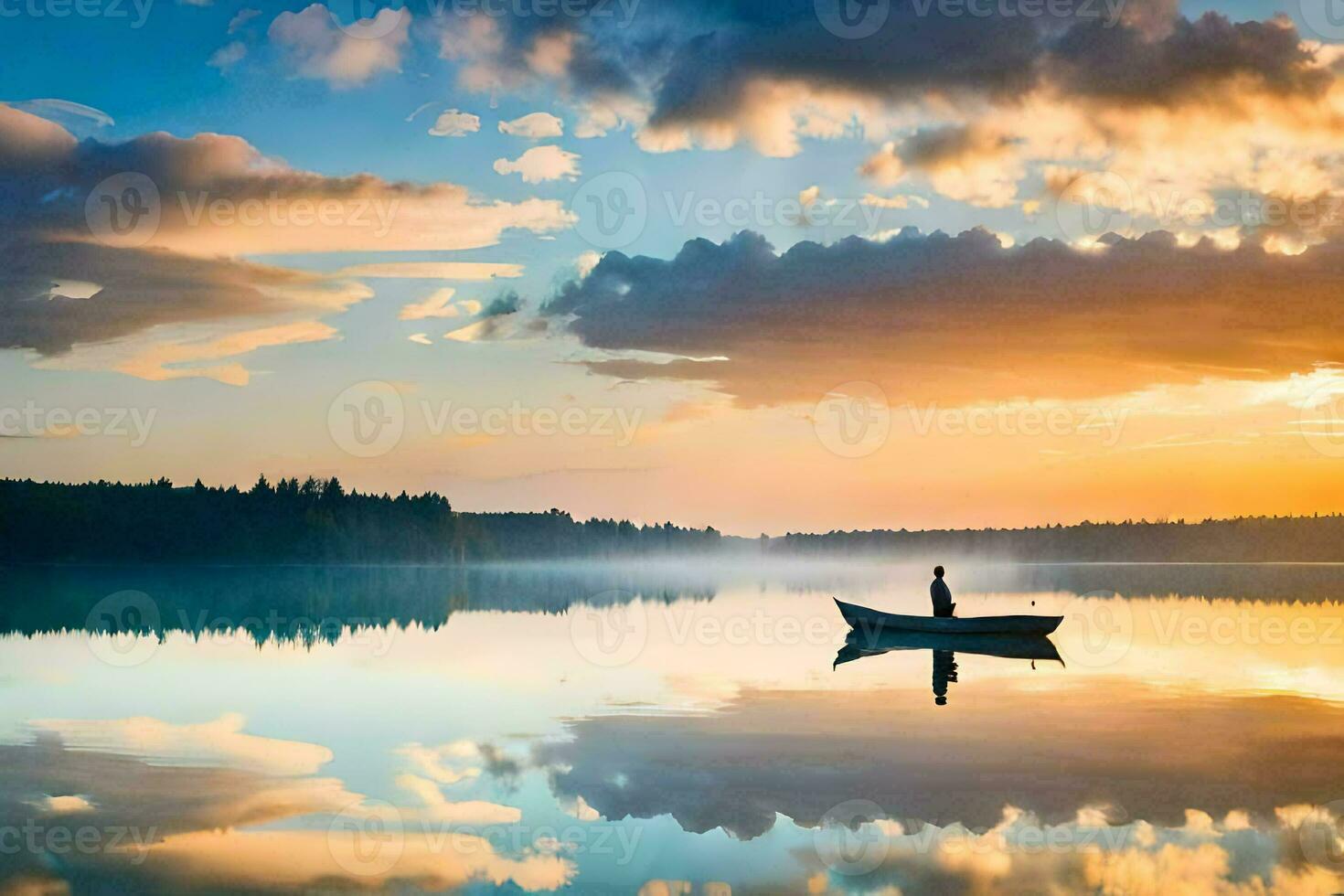 a man in a boat on a calm lake at sunset. AI-Generated photo