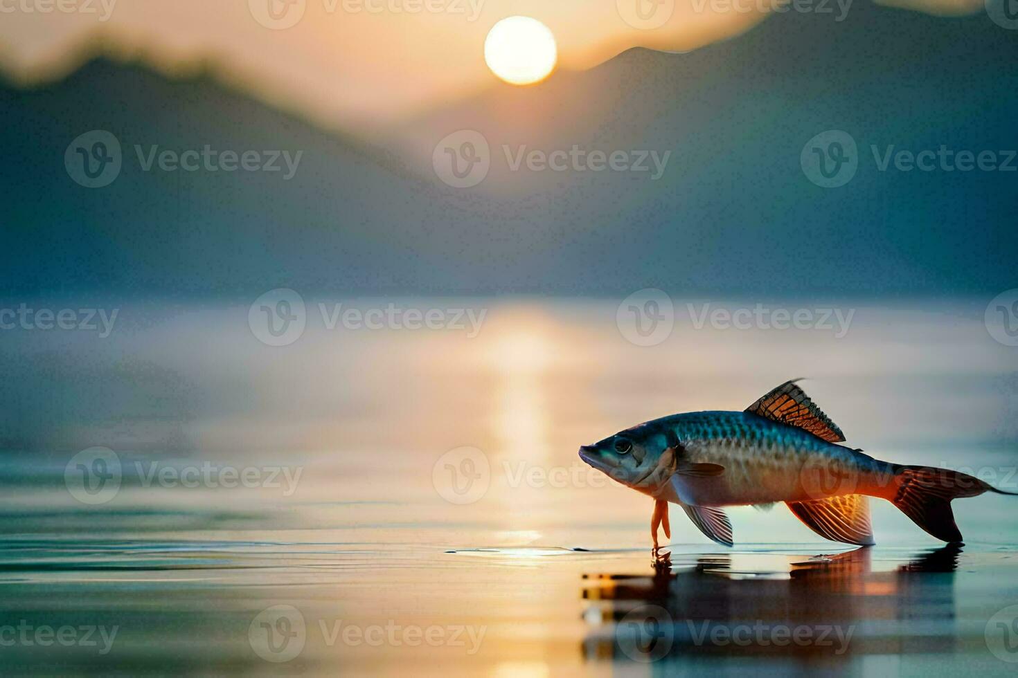 a fish is standing on the water at sunset. AI-Generated photo