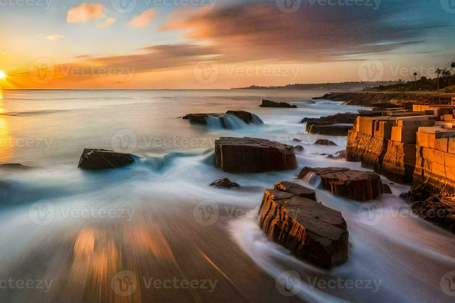 the sun sets over the ocean in this long exposure photo. AI-Generated photo