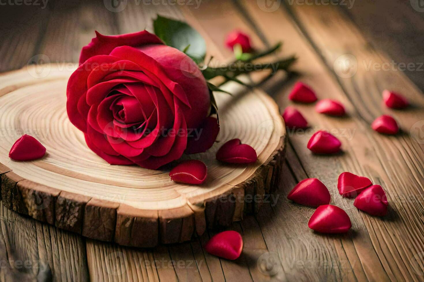a single red rose is placed on a wooden table with red hearts scattered around it. AI-Generated photo