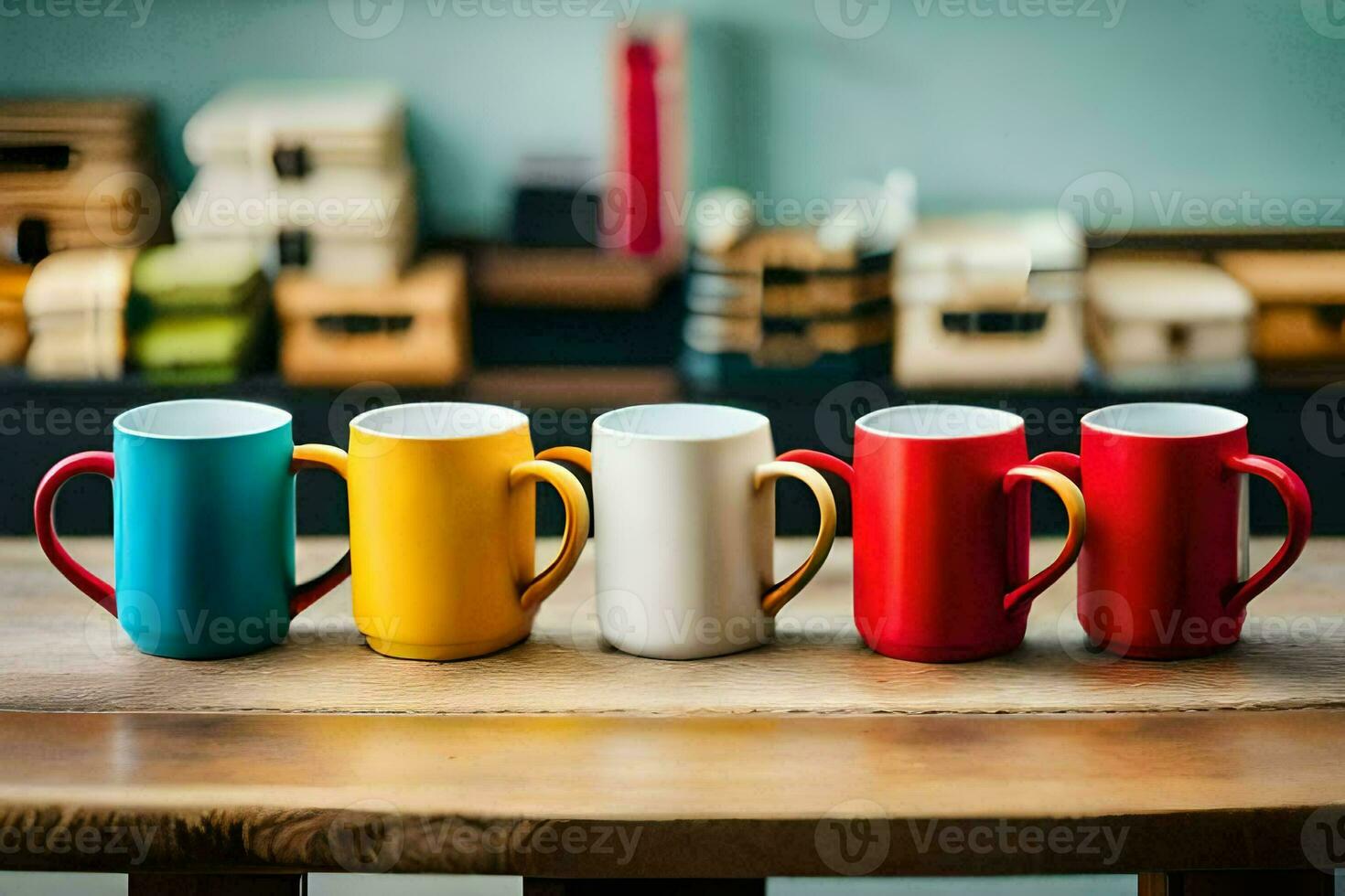 five colorful coffee mugs on a table. AI-Generated photo