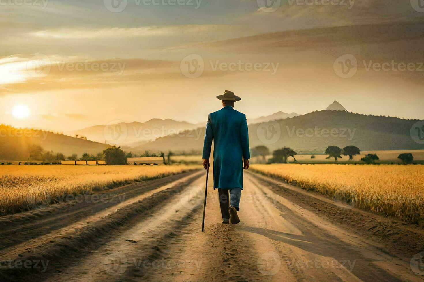 a man in a blue suit walks down a dirt road at sunset. AI-Generated photo