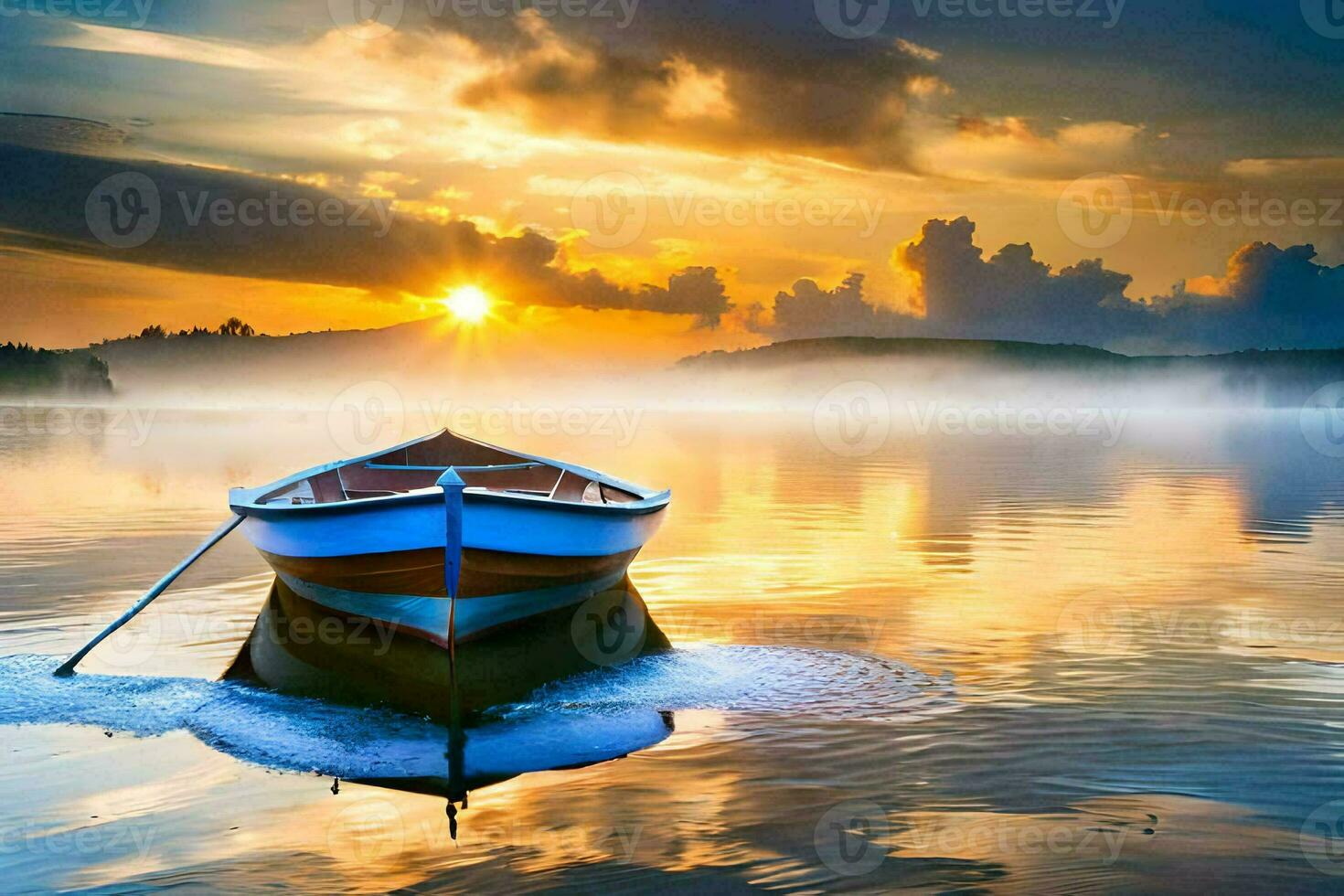 the boat is floating on the calm water at sunset. AI-Generated photo