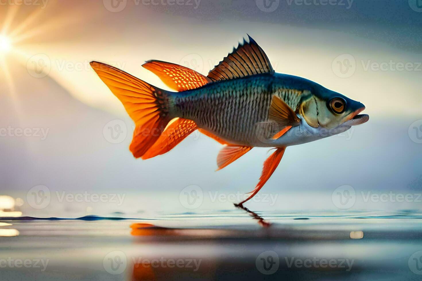 un pescado es saltando fuera de el agua. generado por ai foto