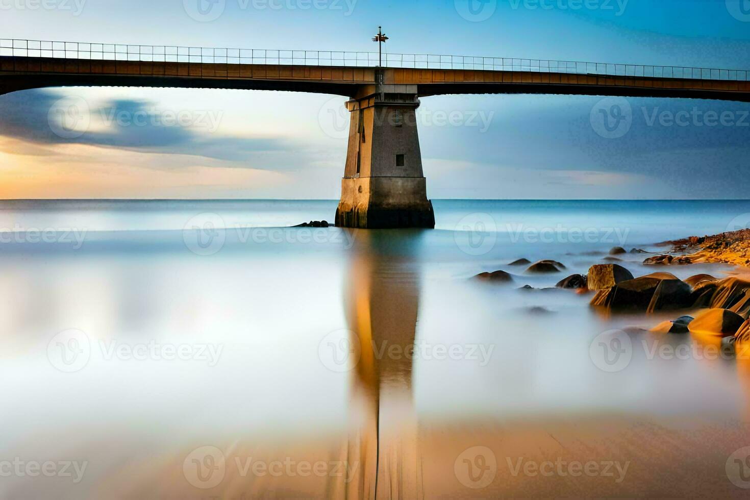 a long exposure photograph of a bridge over the ocean. AI-Generated photo