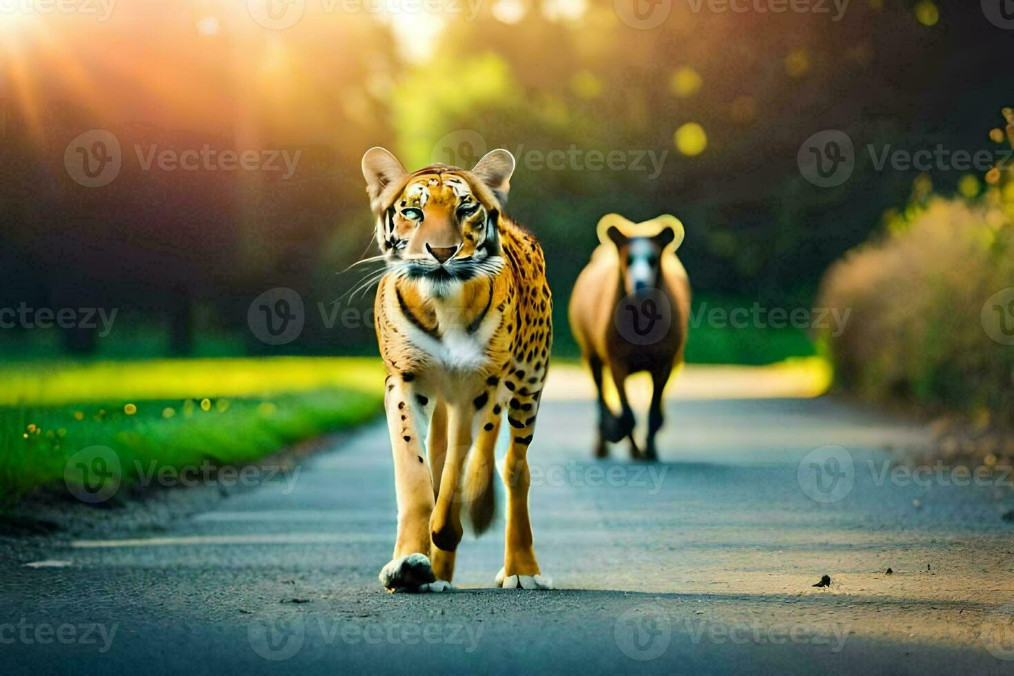 un Tigre y un cabra caminando abajo un la carretera. generado por ai foto