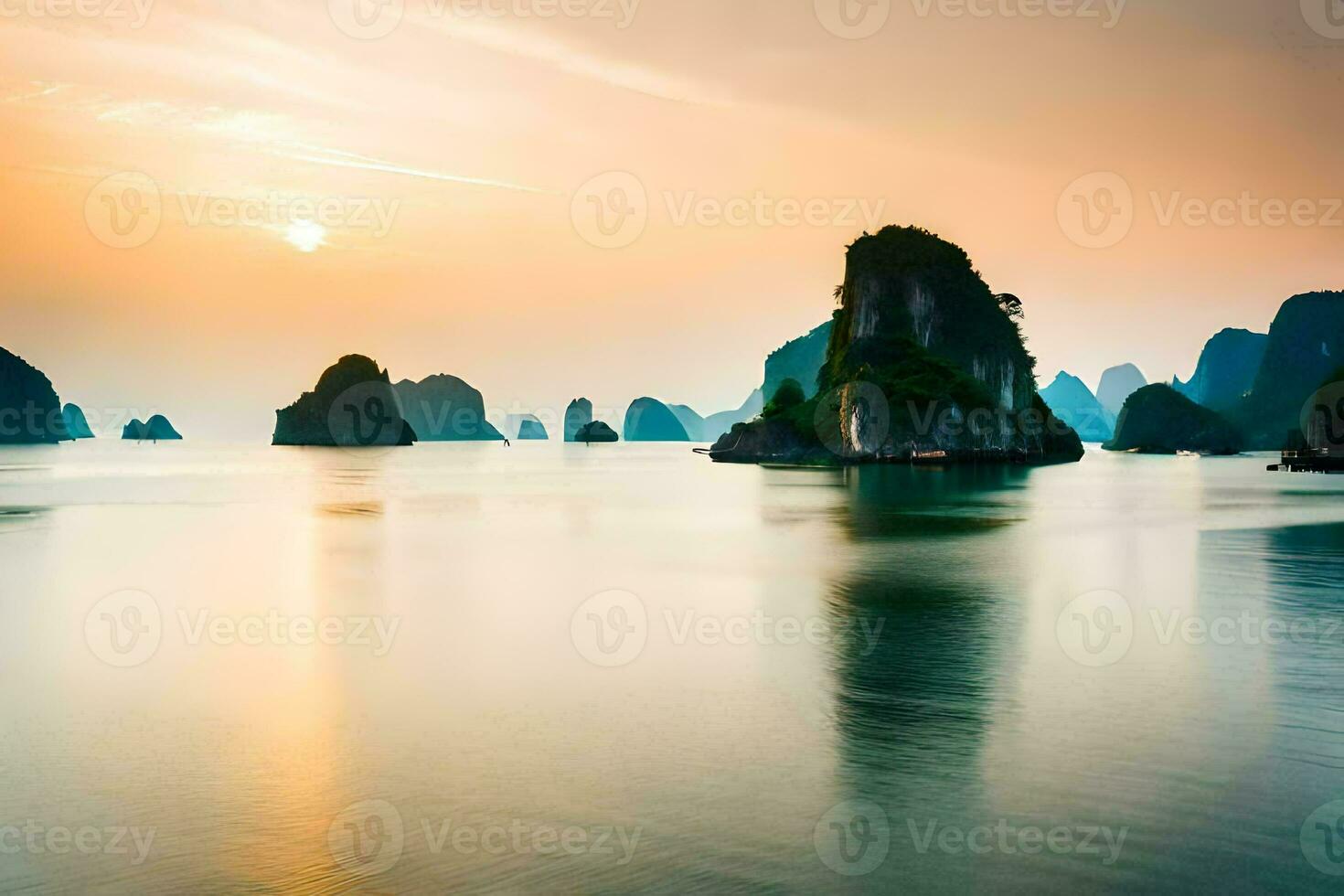 the sun sets over the water in halong bay, vietnam. AI-Generated photo