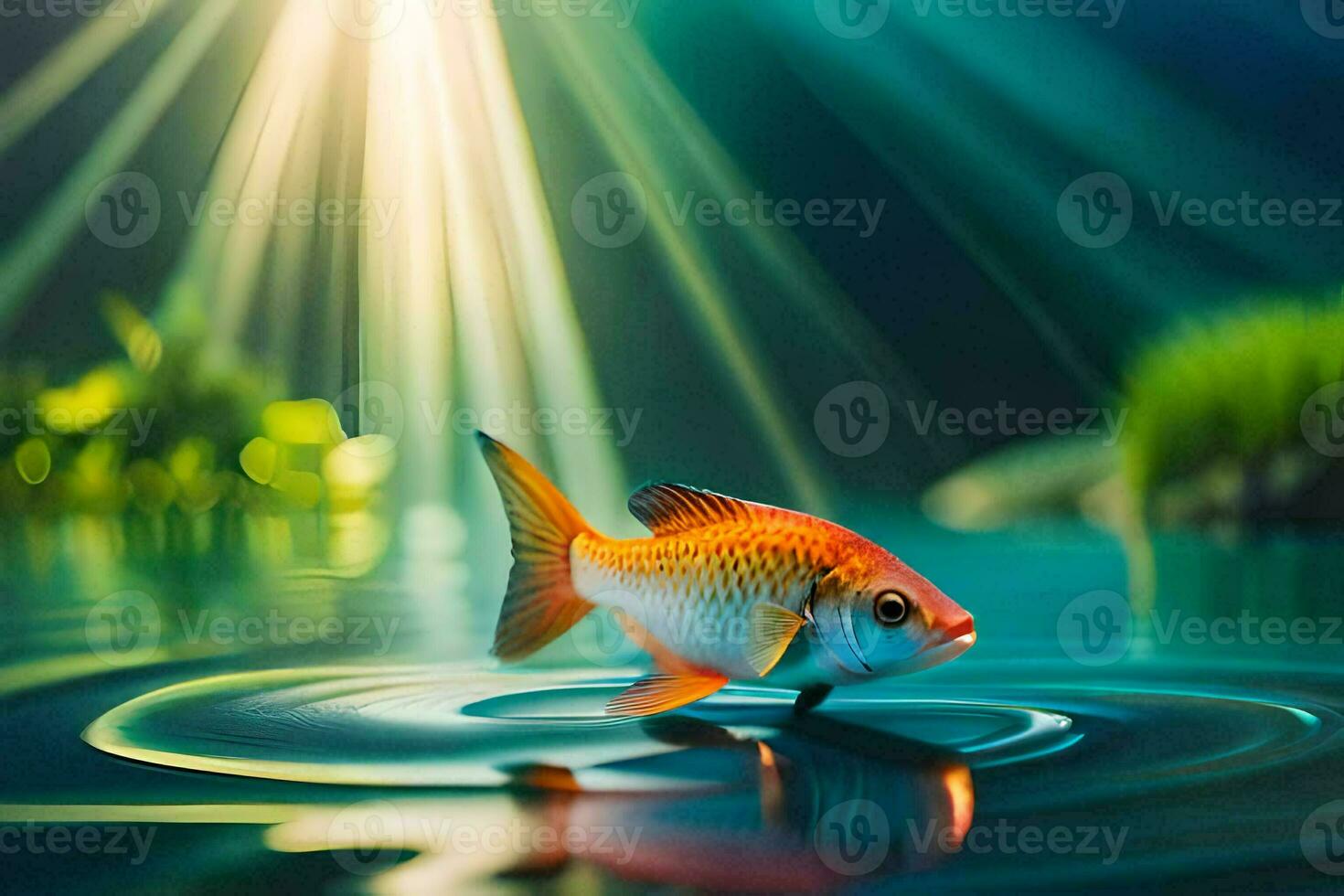 pescado en el agua con luz de sol brillante en él. generado por ai foto