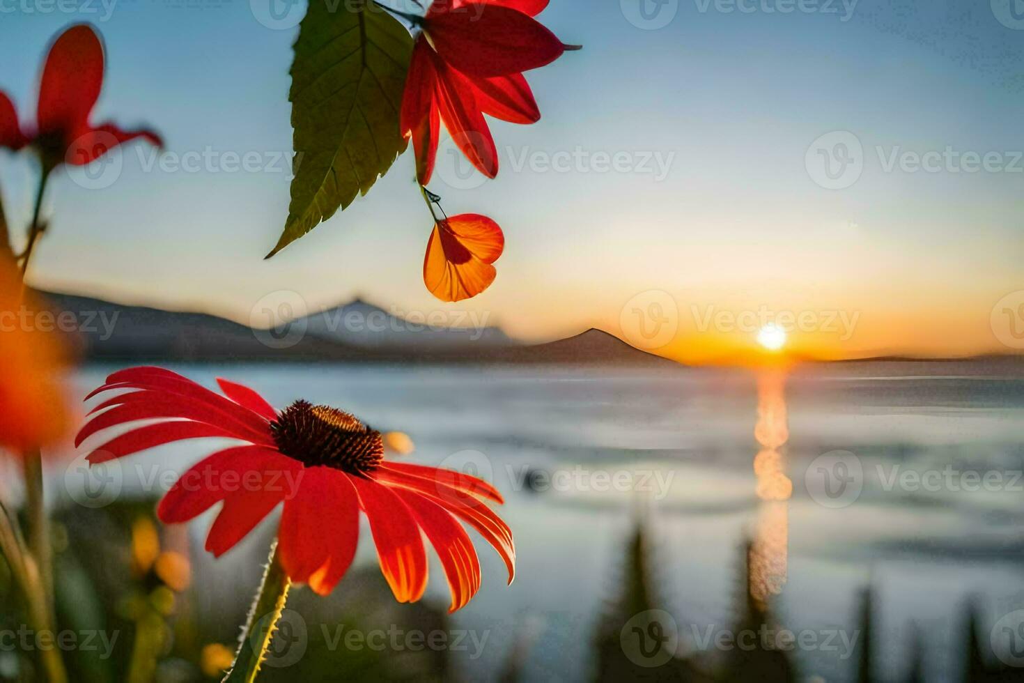 rojo flores en el primer plano con un puesta de sol en el antecedentes. generado por ai foto