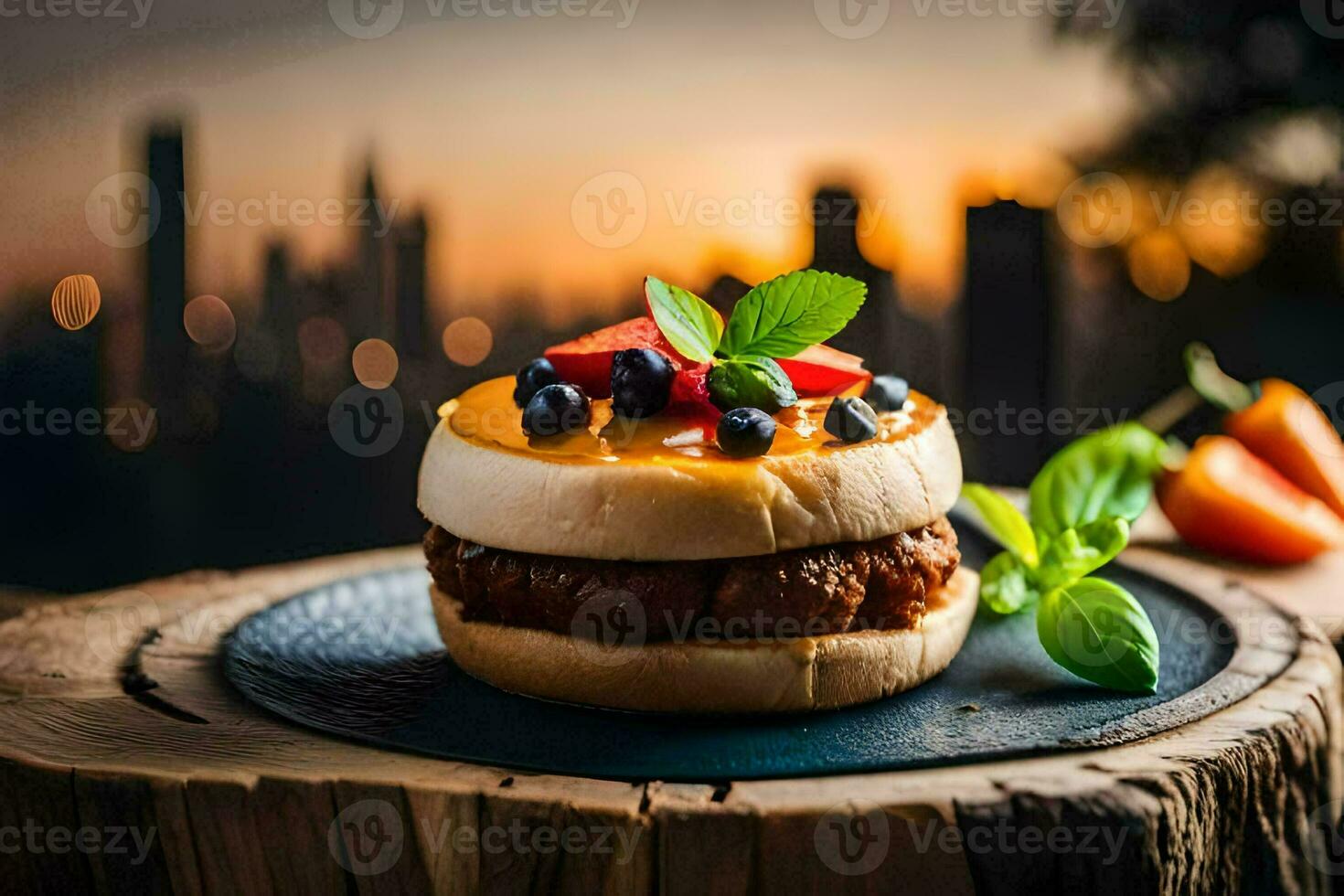 a burger with fruit and vegetables on a wooden table. AI-Generated photo