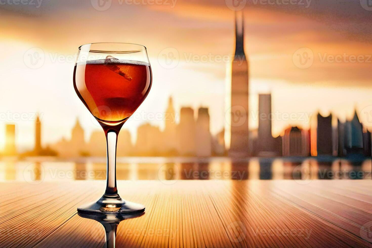 a glass of wine with a city skyline in the background. AI-Generated photo