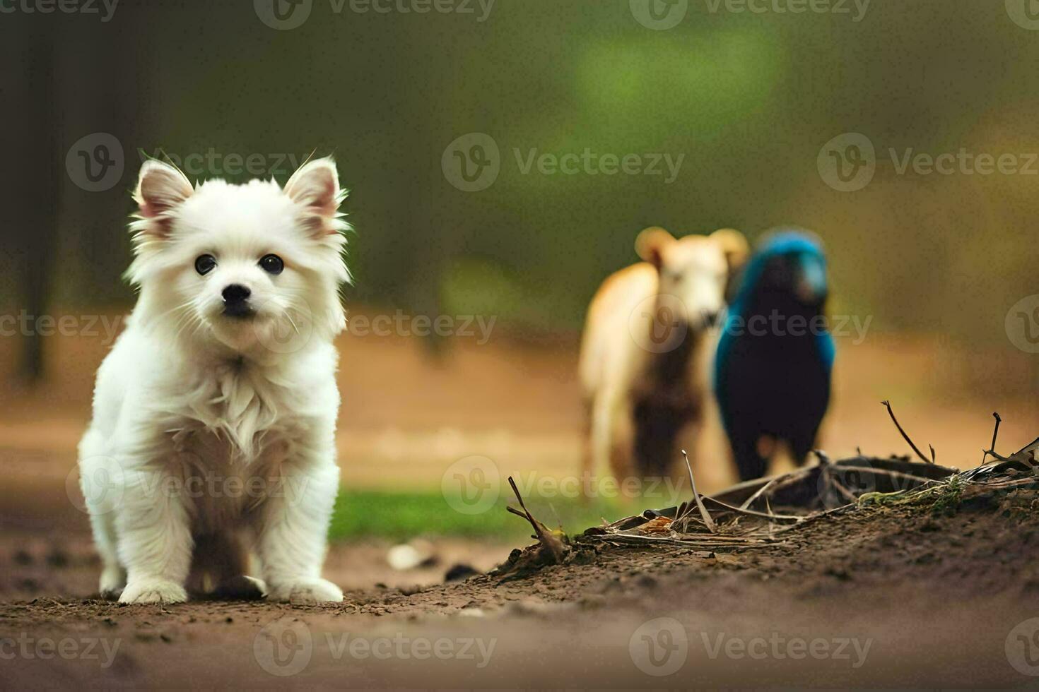 a white dog standing in the middle of a forest. AI-Generated photo