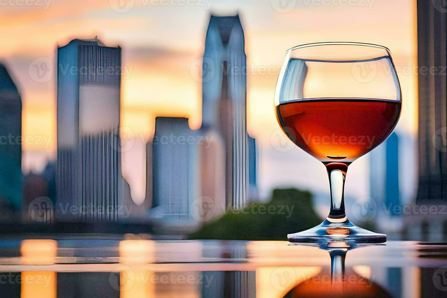 a glass of wine on a table in front of a city skyline. AI-Generated photo