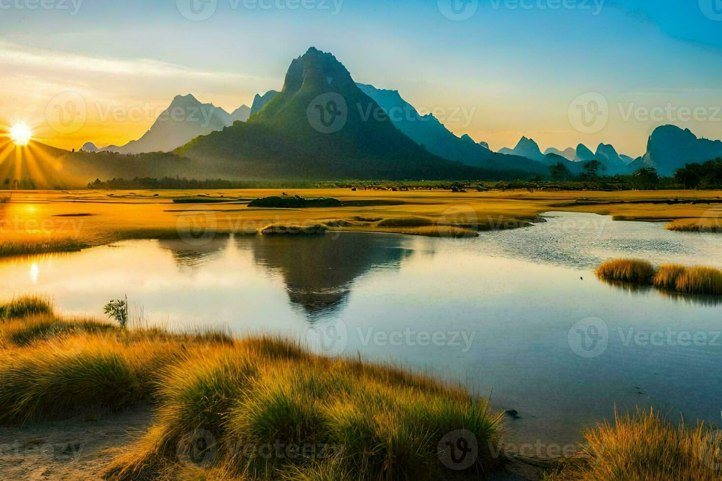 the sun rises over the mountains in the background. AI-Generated photo