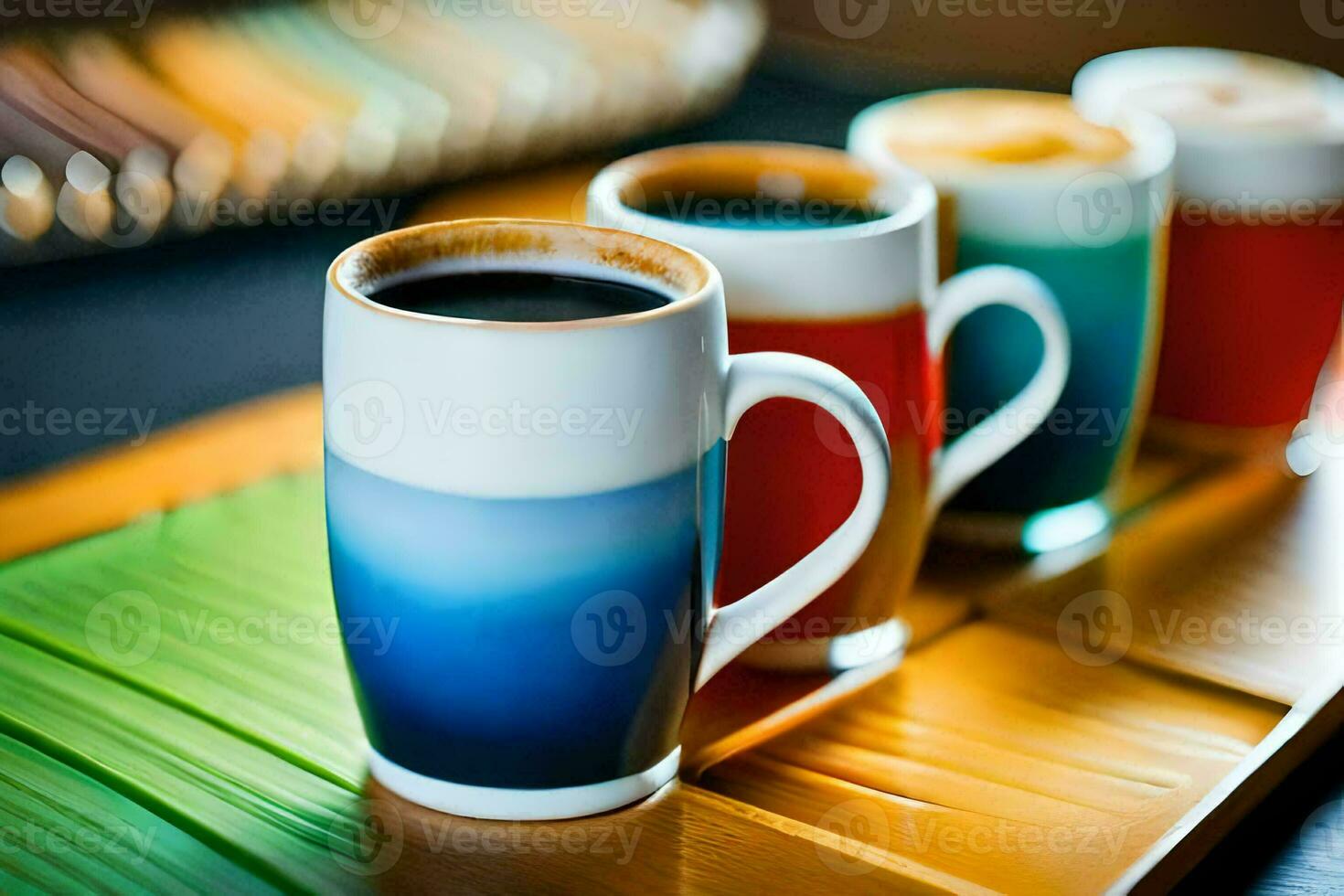four coffee cups with different colors on a wooden tray. AI-Generated photo