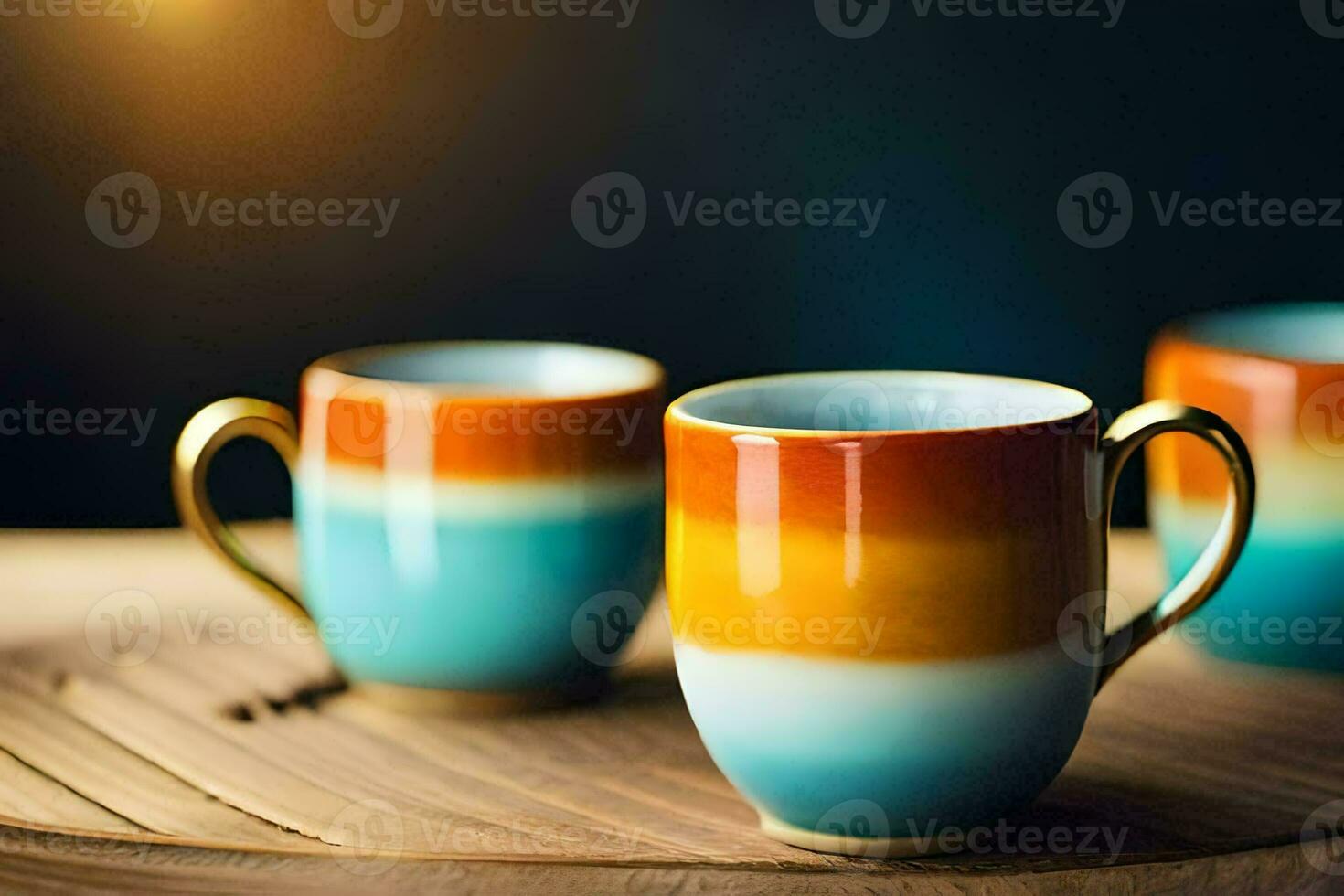 two colorful coffee cups on a wooden table. AI-Generated photo