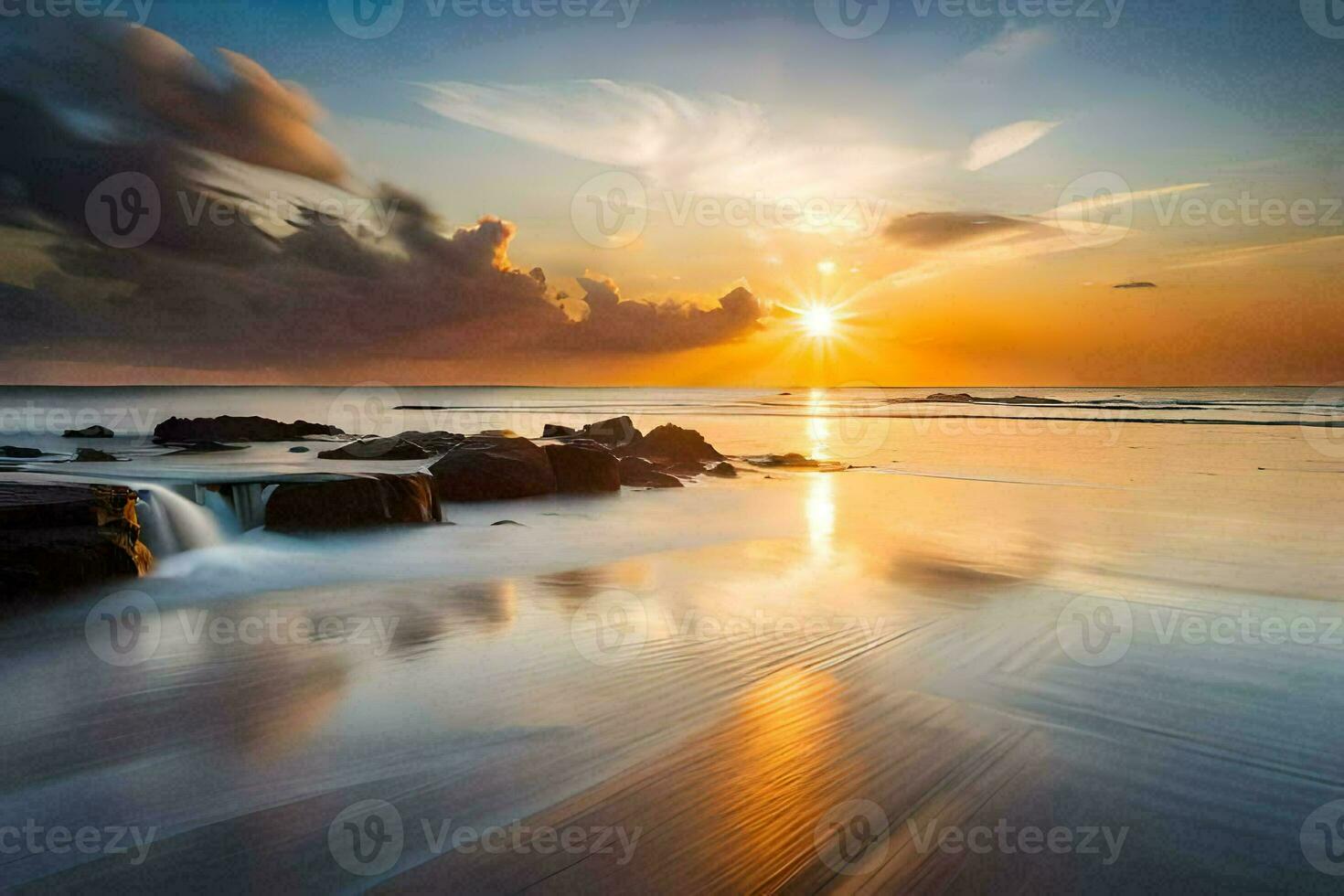 the sun rises over the ocean and rocks on the beach. AI-Generated photo