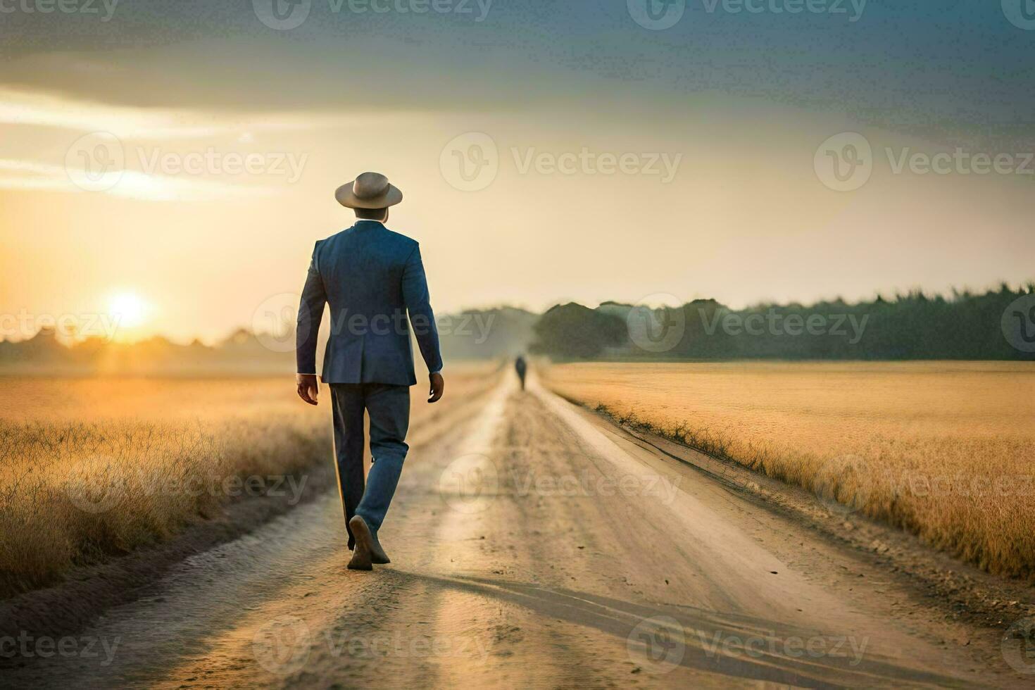 a man in a suit and hat walks down a dirt road. AI-Generated photo