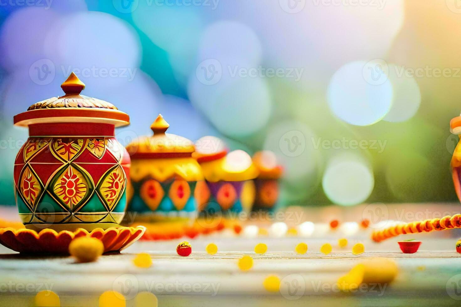 colorful diyas and colorful beads on a table. AI-Generated photo