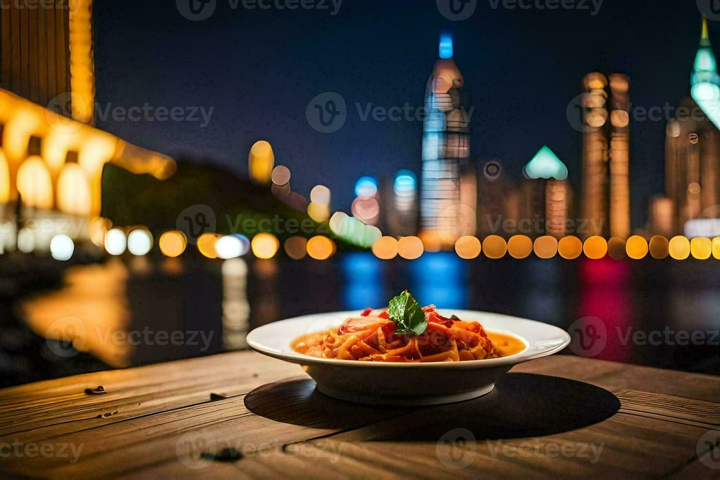 a plate of pasta is seen on a table in front of the dubai skyline. AI-Generated photo