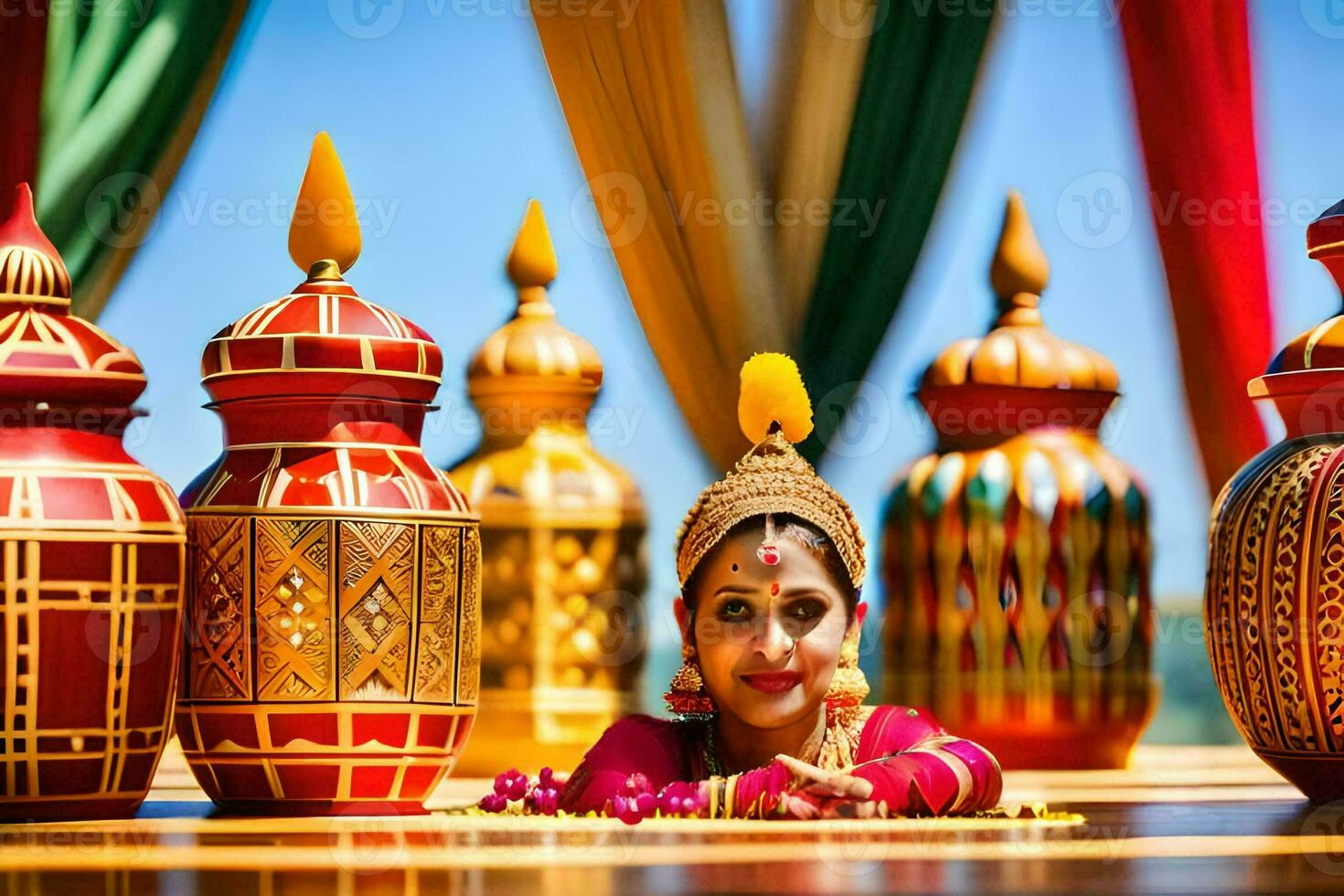 un mujer en tradicional indio vestir sentado en un mesa con vistoso ollas. generado por ai foto