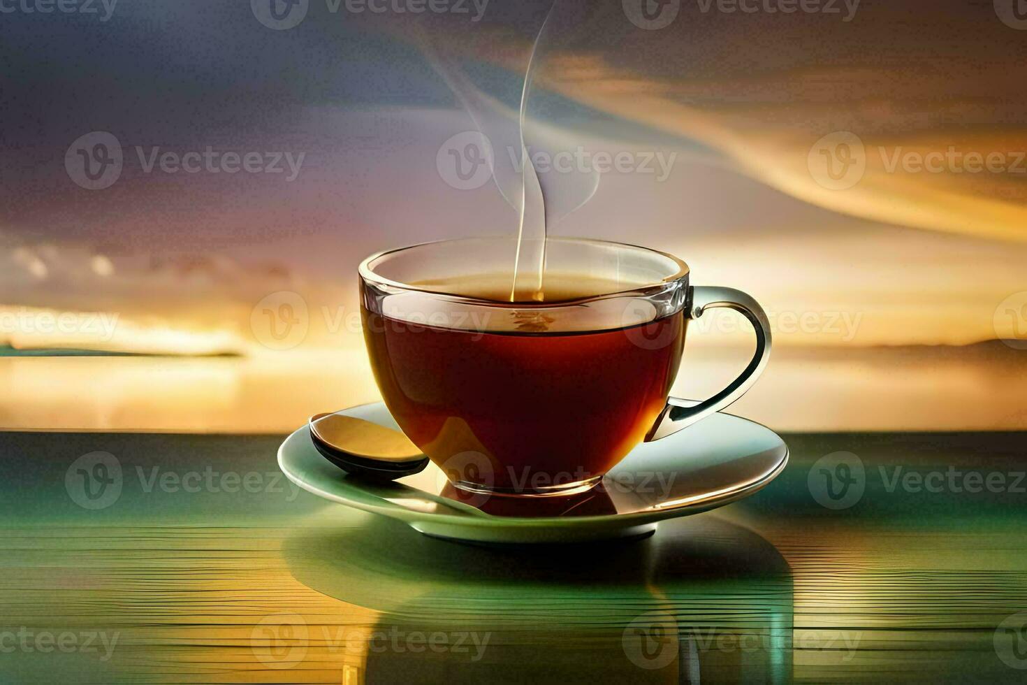 a cup of tea on a table with a sunset in the background. AI-Generated photo
