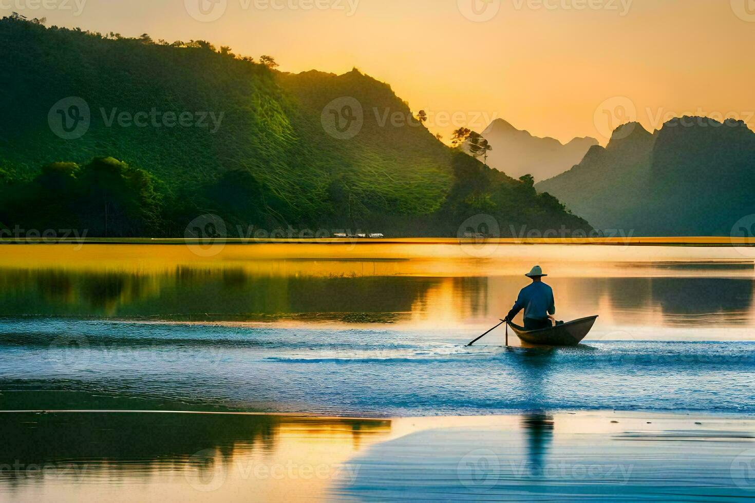 a man in a boat on the water at sunset. AI-Generated photo