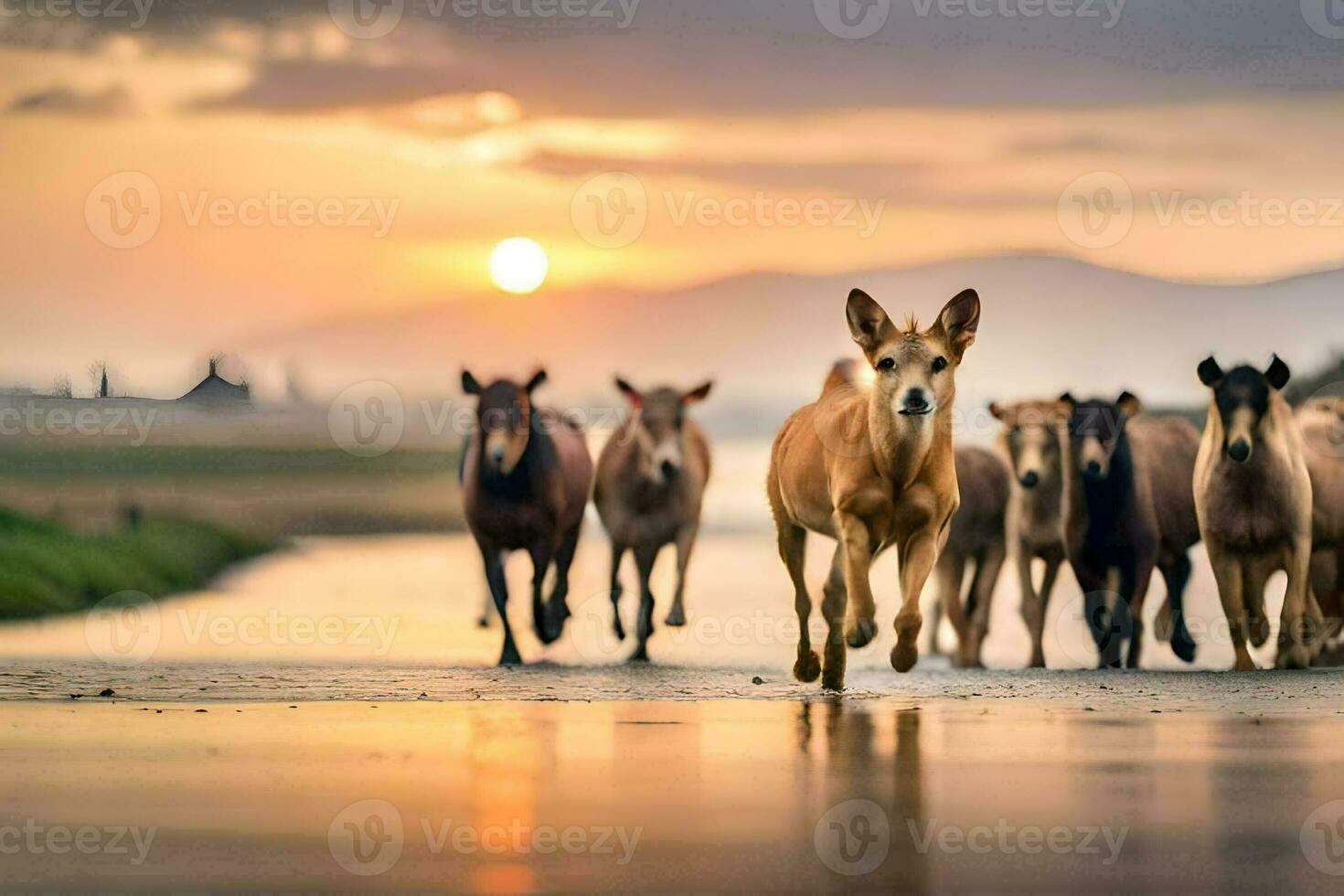 a herd of horses running across a wet road. AI-Generated photo