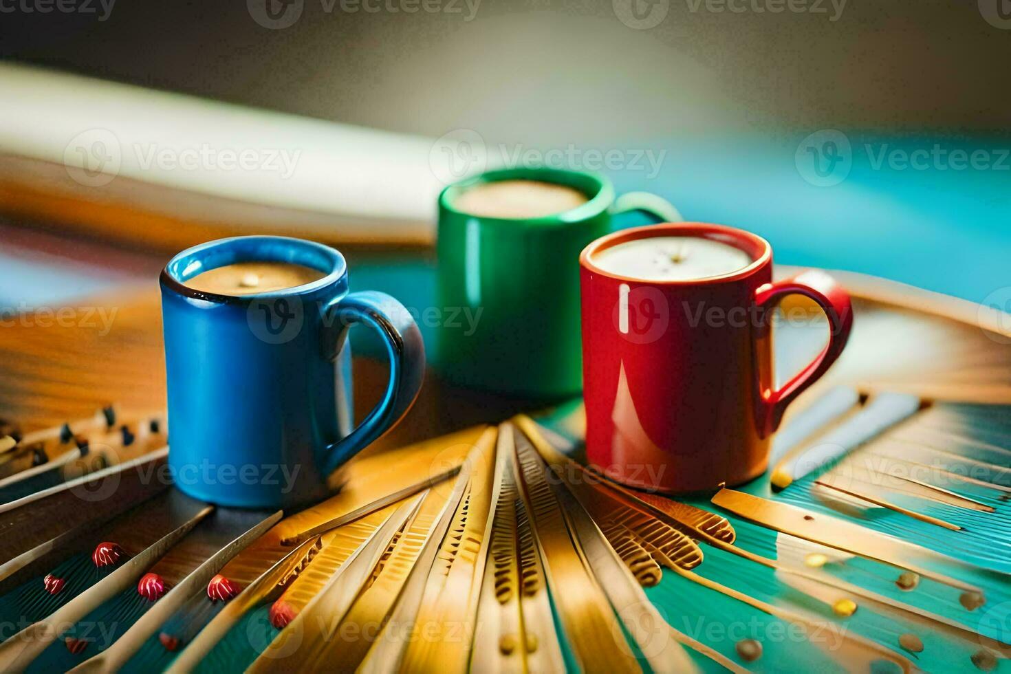 two coffee cups on a wooden table. AI-Generated photo