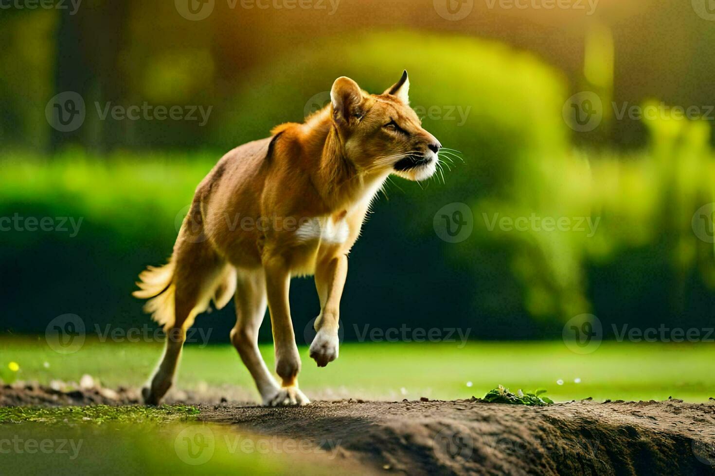 a dingo is walking across a field. AI-Generated photo