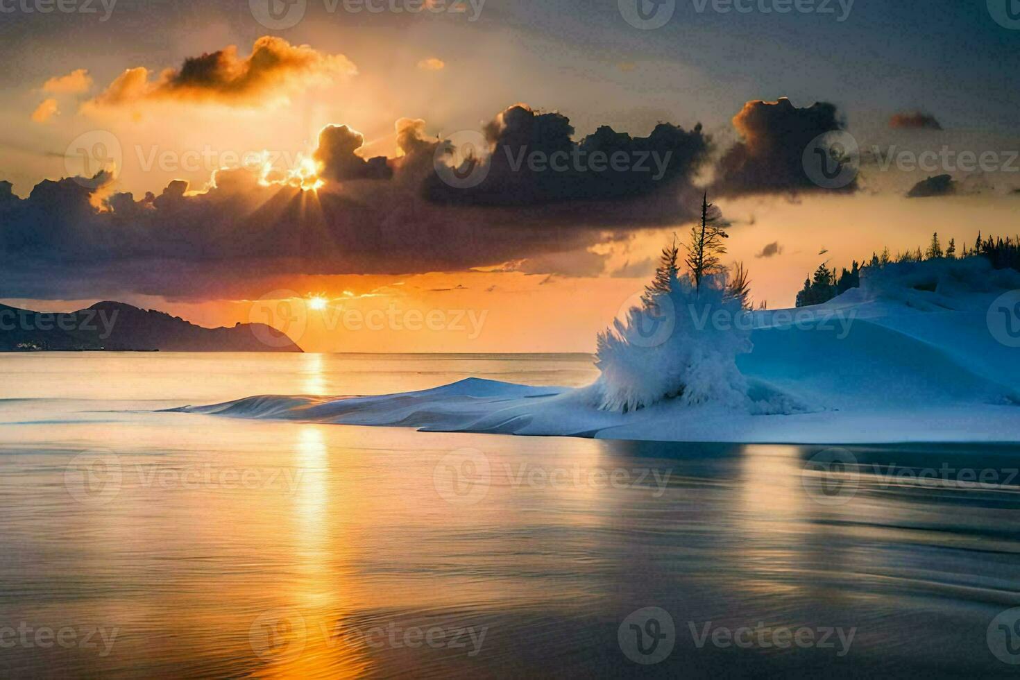 puesta de sol terminado el mar, nieve, árboles, agua, montañas, nubes, hd fondo de pantalla. generado por ai foto