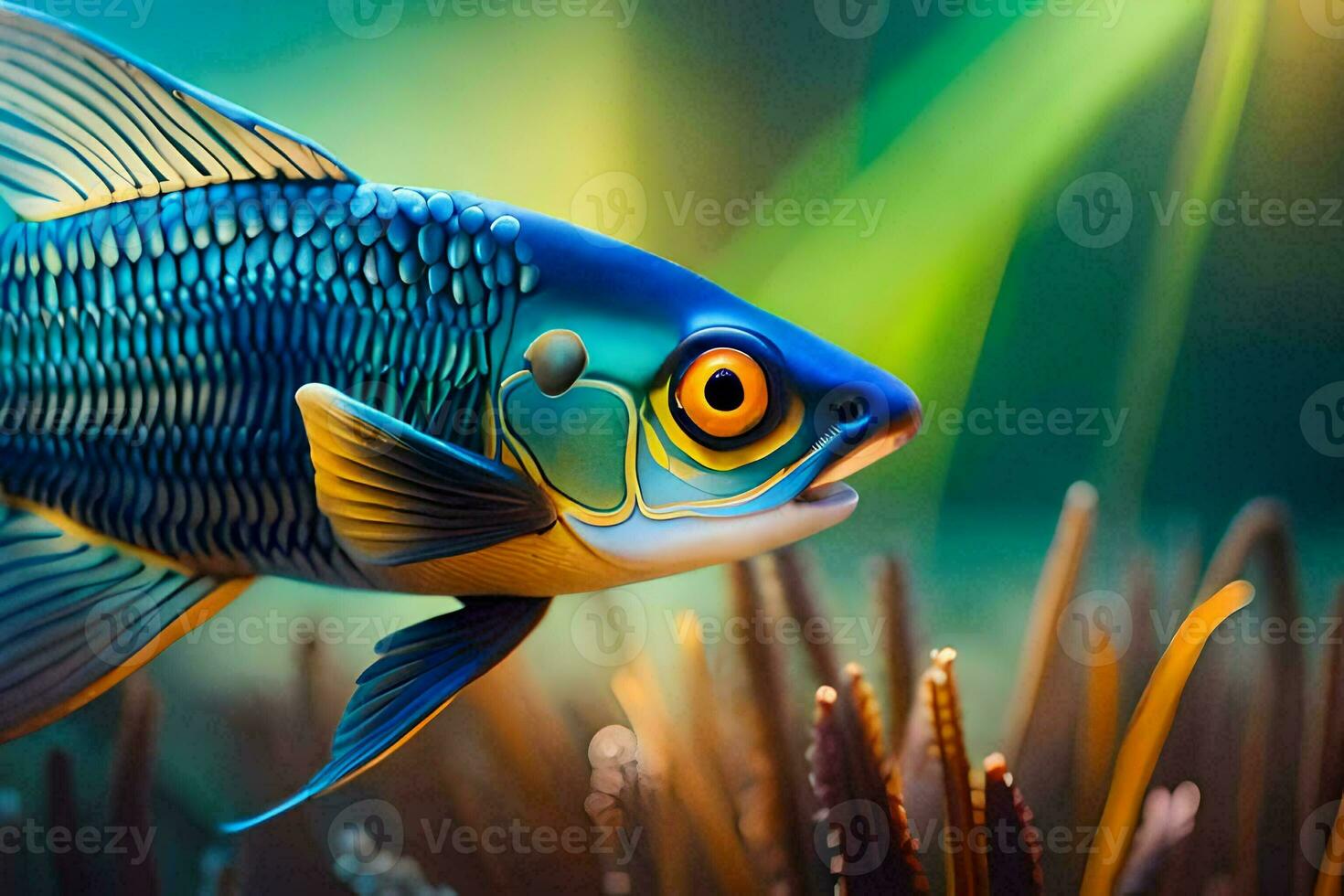 a fish with bright blue eyes and yellow fins. AI-Generated photo
