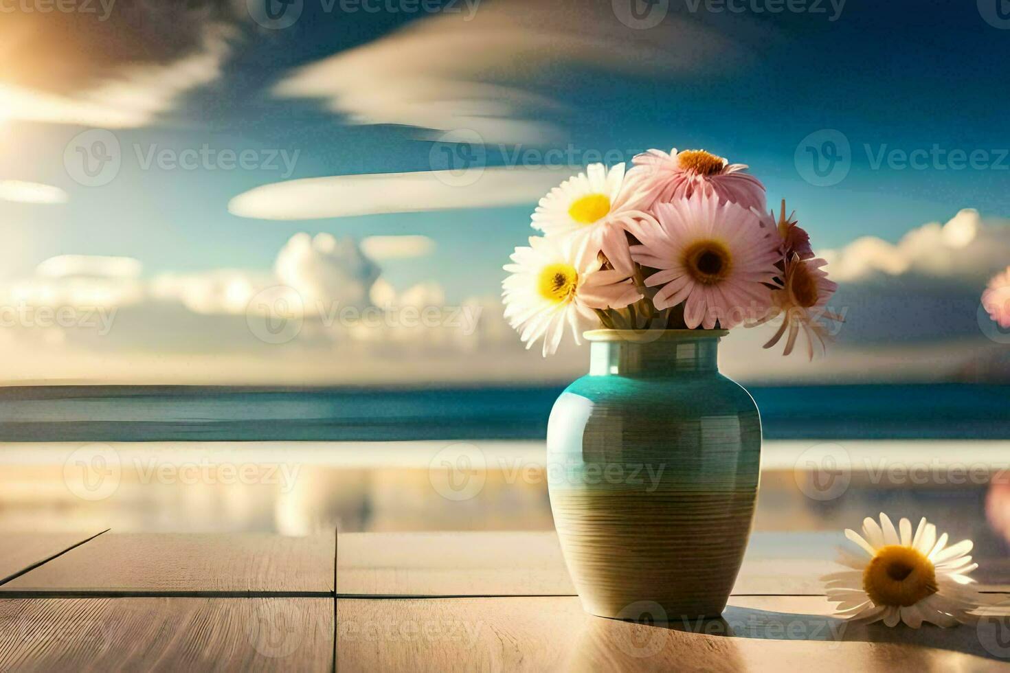 a vase with flowers on a table in front of the ocean. AI-Generated photo