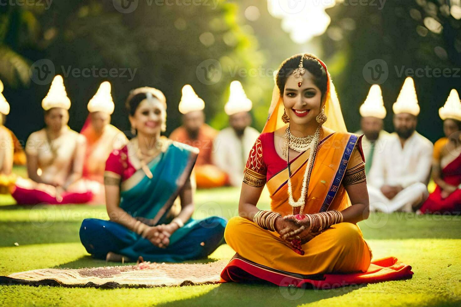 indian bride in traditional attire sitting on the grass. AI-Generated photo