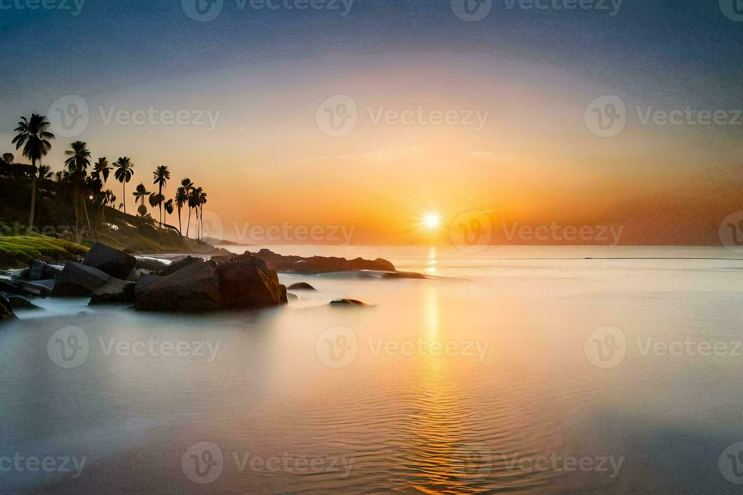 the sun sets over the ocean and palm trees. AI-Generated photo