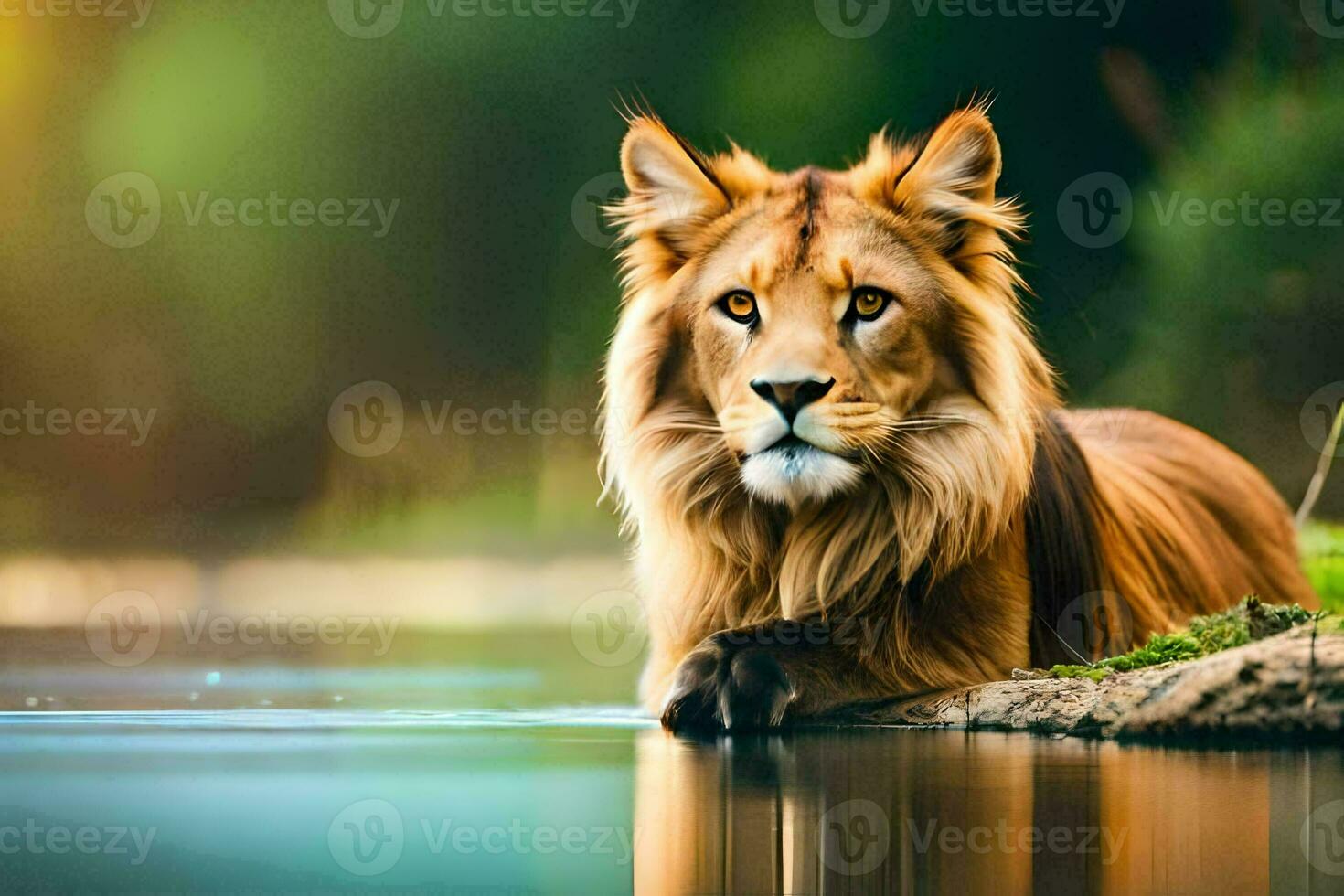 a lion is sitting on the edge of a river. AI-Generated photo