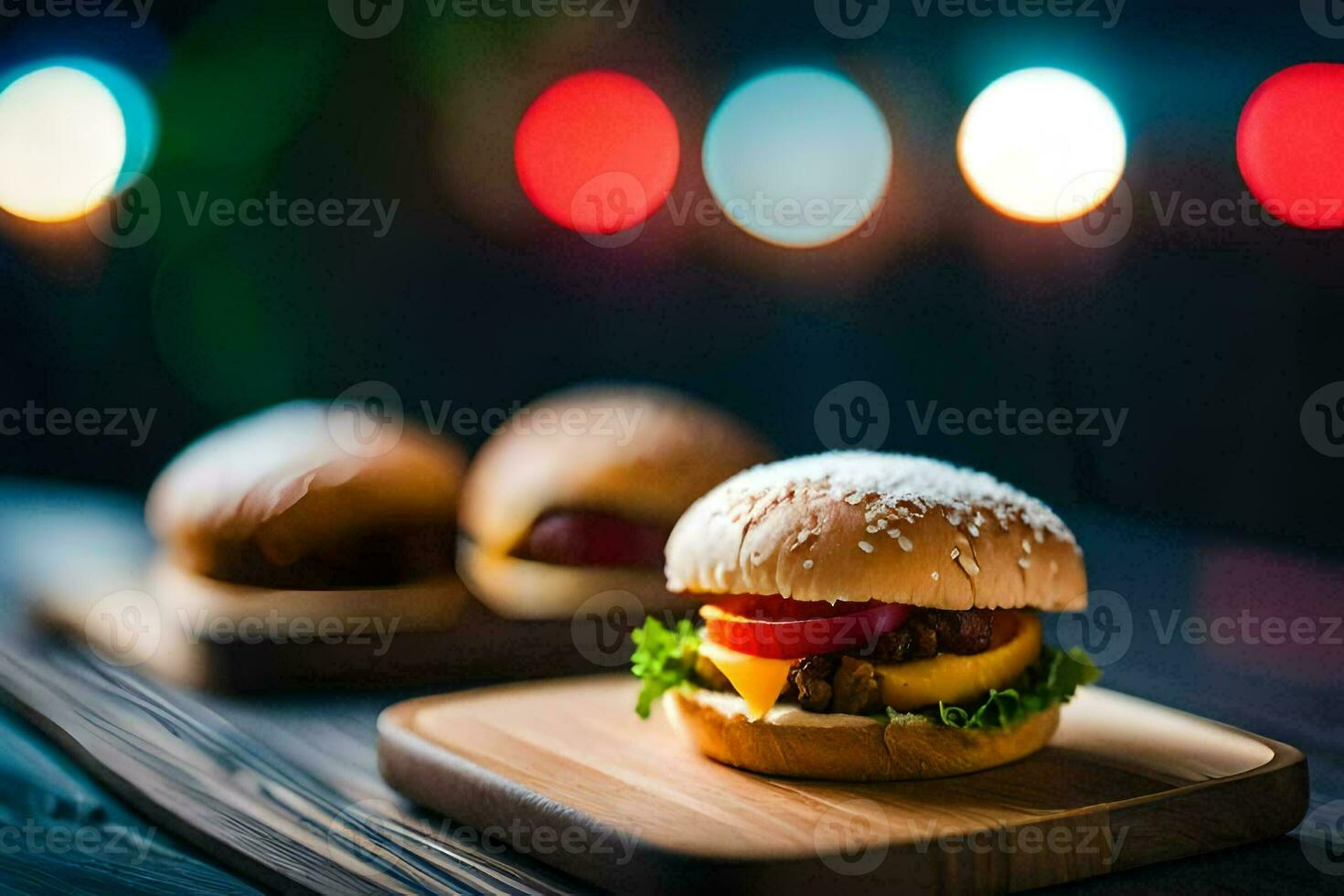 two hamburgers on wooden boards with lights in the background. AI-Generated photo