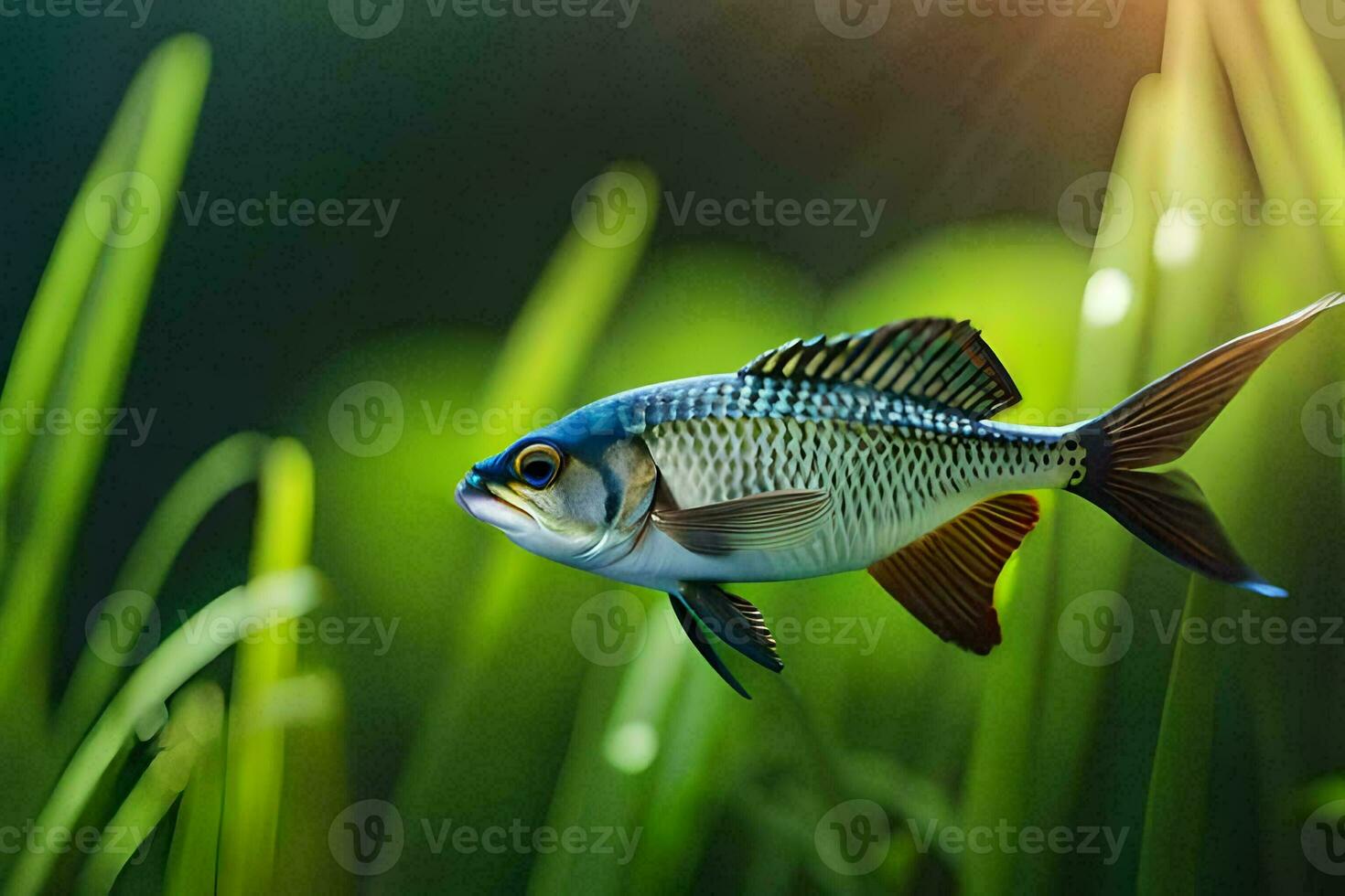 a fish is swimming in the grass. AI-Generated photo