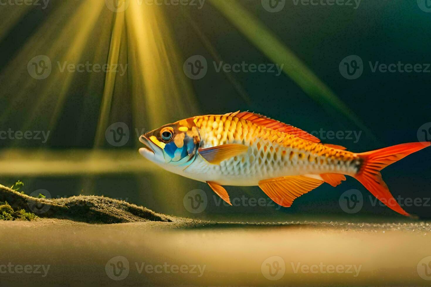 a fish in an aquarium with sunlight shining. AI-Generated photo