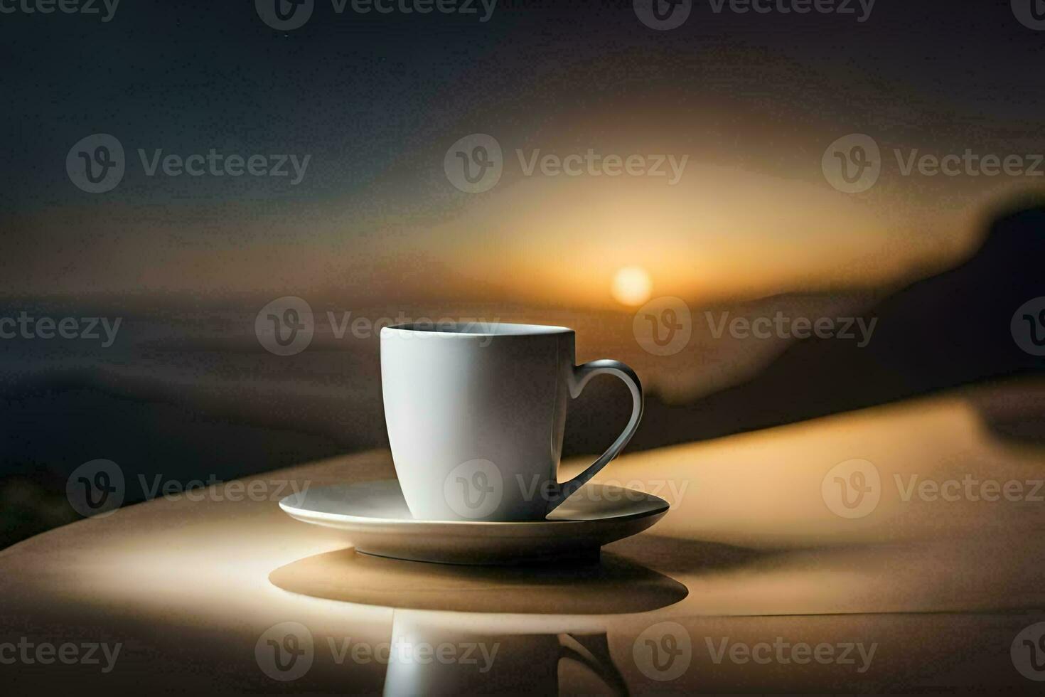 un taza de café en un mesa con un puesta de sol en el antecedentes. generado por ai foto