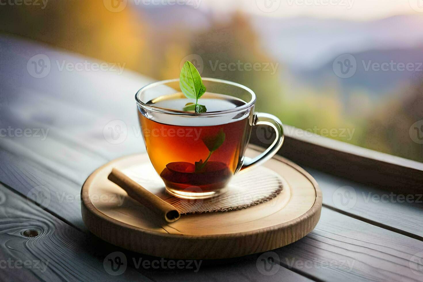 a cup of tea on a wooden table. AI-Generated photo