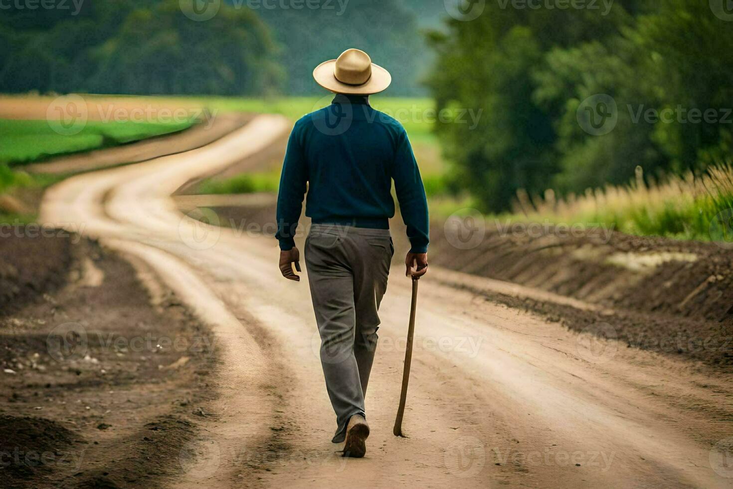 un hombre caminando abajo un suciedad la carretera con un caña. generado por ai foto