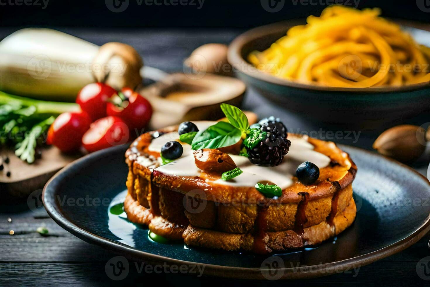 a plate with a cake and vegetables on it. AI-Generated photo