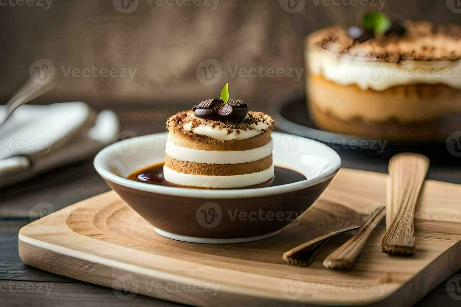 a dessert on a wooden board with a spoon. AI-Generated photo
