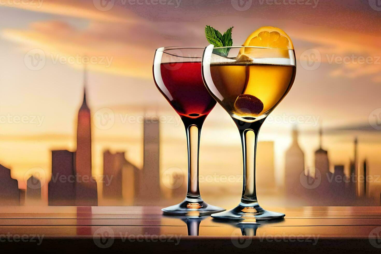 two glasses of wine with a city skyline in the background. AI-Generated photo