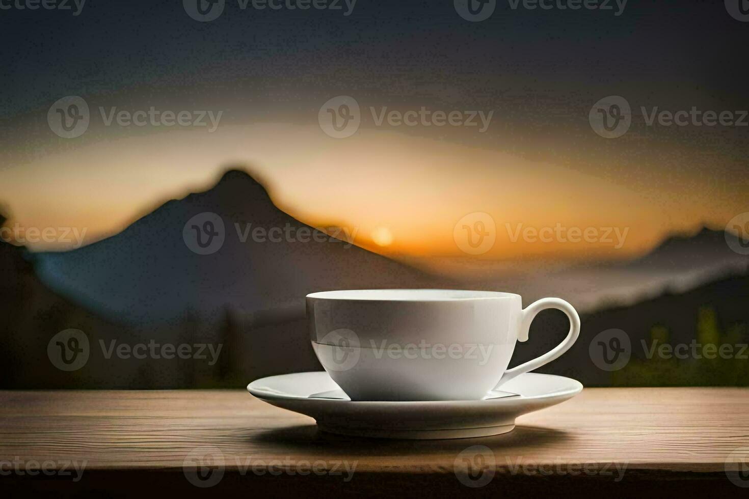 a cup of coffee on a table in front of a mountain. AI-Generated photo